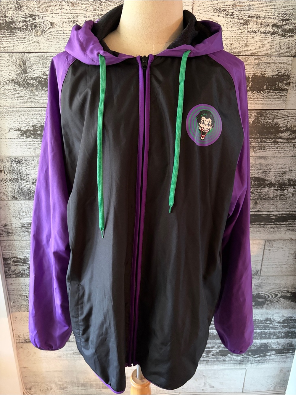 NWOT Joker Purple & Black Hooded Jacket with Green Drawstrings